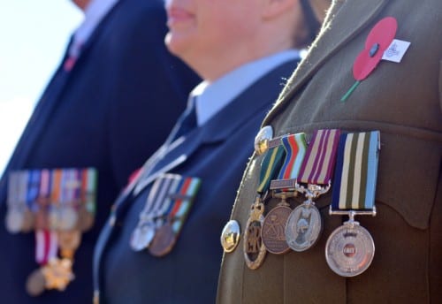 Close up of war medals on New Zealander soldiers during a National War Memorial Anzac Day services in New Zealand.