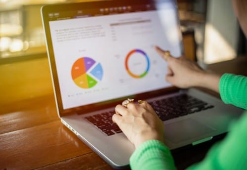 female using laptop with pie chart on the screen