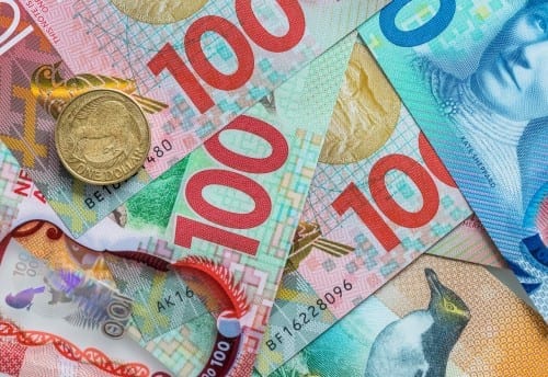 New Zealand money, various bills and a kiwi bird coin