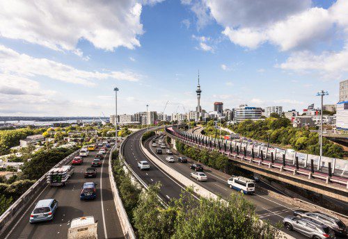 Cars driving on motorway in Auckland, New Zealand