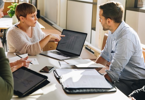 Business advisors in a meeting with one pointing at laptop screen