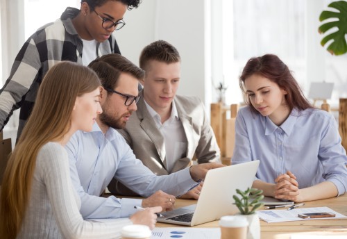 team of accountants all looking at laptop