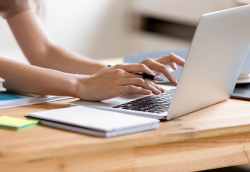 accountant with pen in hand working on laptop