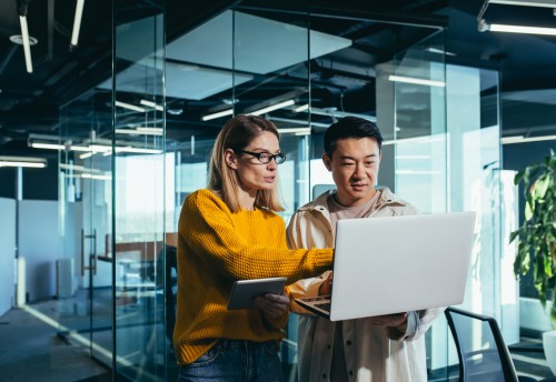 accountants looking at laptop screen together