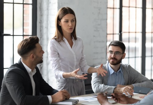 Young female accountant standing in a meeting